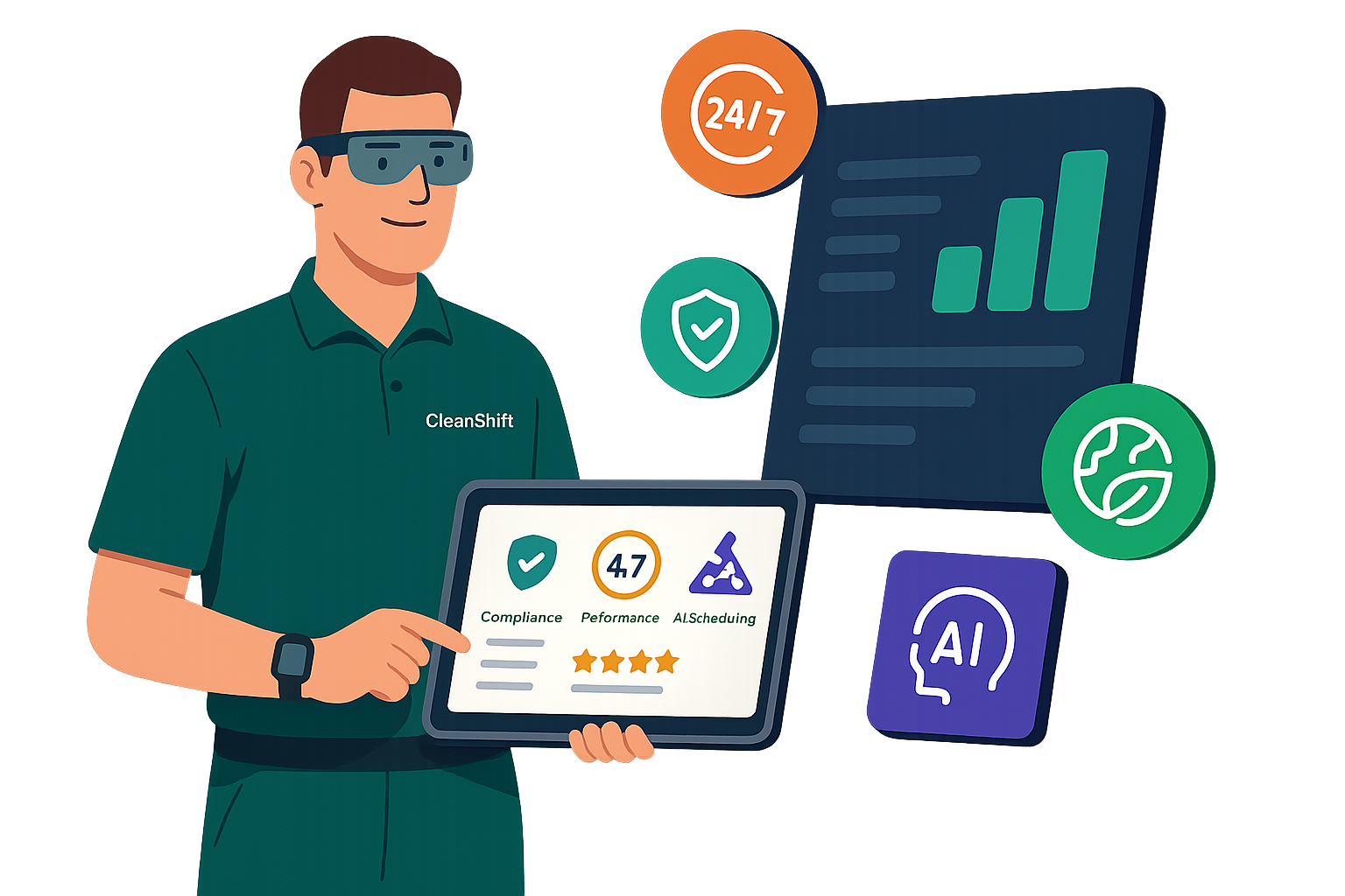 AI technician with CleanShift command dashboard